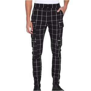 Hot Topic XL Black White Grid Cargo Pull On Drawstring Jogger Pants Punk Rock